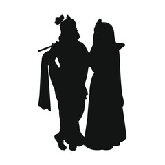 Silhouette of lord krishna playing flute and radha standing beside him in traditional indian attire