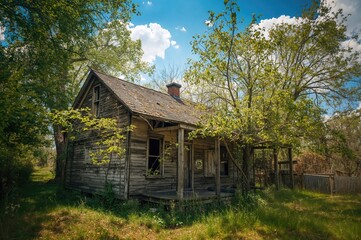 Close-up of a neglected home engulfed by dense foliage
