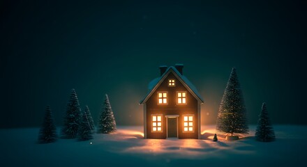 Glowing miniature house with snow covered trees in a winter scene isolated on white background
