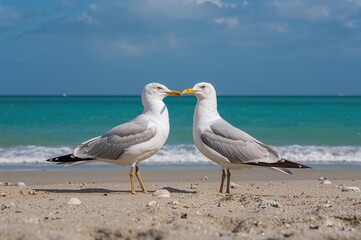 Fototapeta premium Two Caspian Gulls standing on sandy shore with ocean view