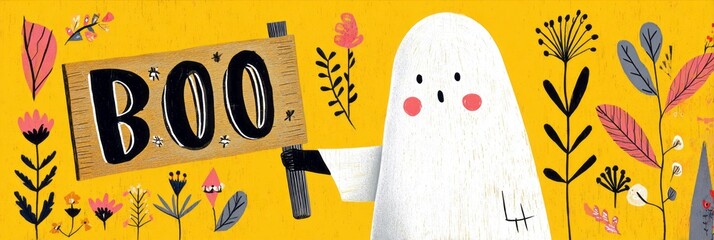 A cheerful autumn character with big eyes and a friendly expression is holding a sign that reads BOO. Colorful leaves and whimsical plants frame the scene, capturing the Halloween spirit, banner