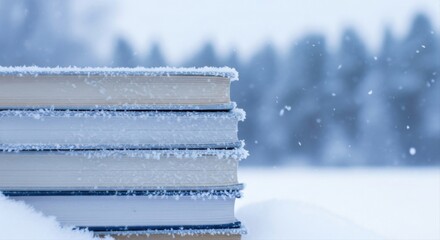 Stack of books covered in snow outdoors with a blurred winter background scene view