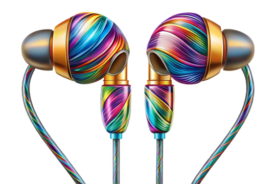 Vibrant Rainbow Swirl Earbuds with Gold Accents and Braided Cables on White Background earphones headphones isolated on a transparent background - Powered by Adobe