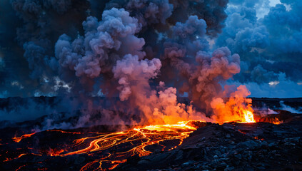 Volcanic Eruption with Lava Flow and Smoke Plume