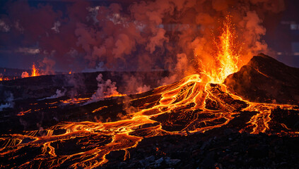 Volcanic Eruption with Lava Flow and Ash Plume