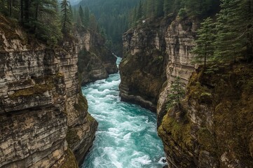 Obraz premium A vibrant turquoise river rushes through a deep, narrow canyon, flanked by steep, rocky cliffs and lush green trees, creating a dramatic natural landscape.