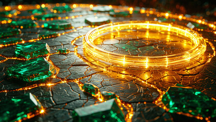 Metallic Surface with Crystalline Shards and Golden Ring