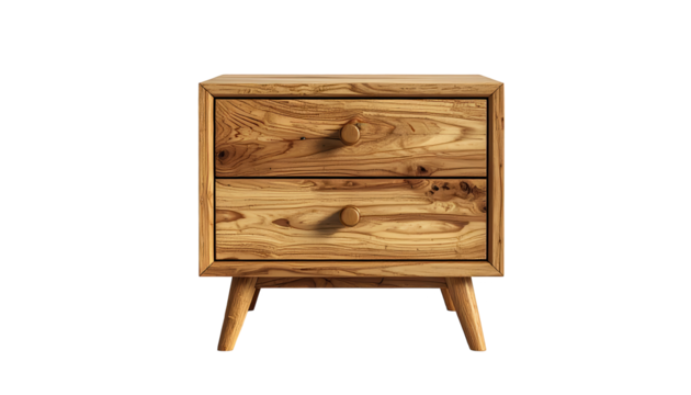 A beautifully crafted wooden nightstand, featuring two drawers and a mid-century modern design, stands prominently against a stark black backdrop.