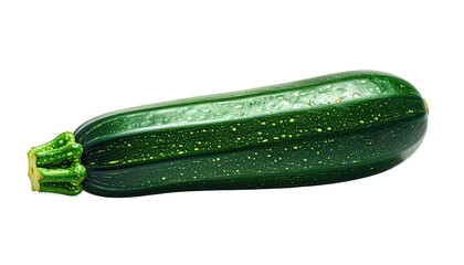 Vivid, eye-level shot of a singular, green zucchini vegetable, showcasing its elongated shape and textured skin against a dark background, highlighting the freshness and natural appeal.