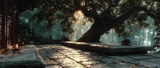 A quiet stone platform beneath a sacred bodhi tree in a sunlit forest clearing. Peaceful, spiritual, and empty—perfect for themes of reflection, mindfulness, or inner awakening.