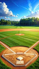 Scenic Baseball Field with Clear Skies and Lush Green Grass