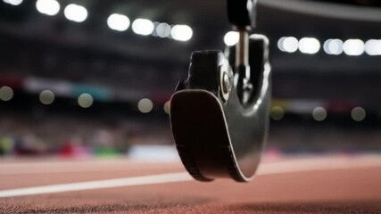 Closeup of a prosthetic leg on a running track sports concept. - Powered by Adobe