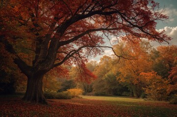 Fototapeta premium Vintage maple trees displaying autumn colors in a park