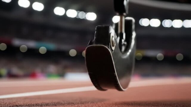 Closeup of a prosthetic leg on a running track sports concept.