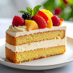 Close-up of a fluffy sponge cake slice, layered with cream and fresh fruits, served on a clean plate, elegant dessert photography style