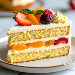 Close-up of a fluffy sponge cake slice, layered with cream and fresh fruits, served on a clean plate, elegant dessert photography style