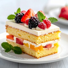 Close-up of a fluffy sponge cake slice, layered with cream and fresh fruits, served on a clean plate, elegant dessert photography style