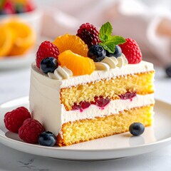 Close-up of a fluffy sponge cake slice, layered with cream and fresh fruits, served on a clean plate, elegant dessert photography style