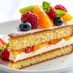 Close-up of a fluffy sponge cake slice, layered with cream and fresh fruits, served on a clean plate, elegant dessert photography style