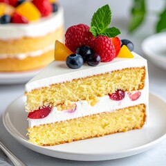 Close-up of a fluffy sponge cake slice, layered with cream and fresh fruits, served on a clean plate, elegant dessert photography style