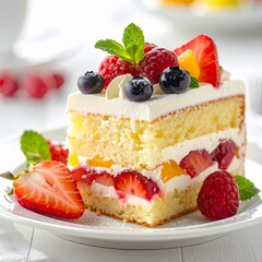 Close-up of a fluffy sponge cake slice, layered with cream and fresh fruits, served on a clean plate, elegant dessert photography style