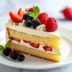 Close-up of a fluffy sponge cake slice, layered with cream and fresh fruits, served on a clean plate, elegant dessert photography style