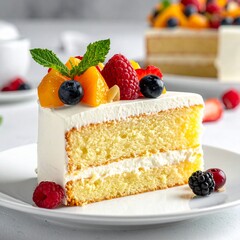 Close-up of a fluffy sponge cake slice, layered with cream and fresh fruits, served on a clean plate, elegant dessert photography style