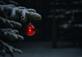 Fototapeta premium Single red christmas ornament hanging from a snow covered pine branch isolated on white background