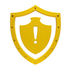 A golden shield graphic featuring an exclamation mark within its design, set against a stark black background.