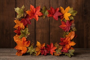 Fall foliage arranged on rustic wooden surface, autumn leaf border, color graded
