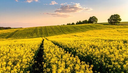 Obraz premium Golden Yellow Flower Field Under Beautiful Blue Sky at Sunset