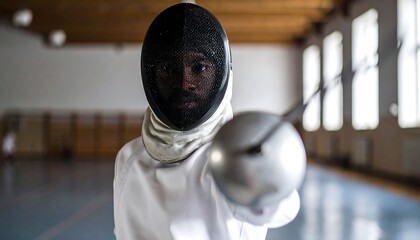 Focused fencer in action