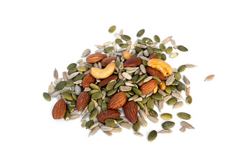 High nutritional value snacks A pile of 4 types of mixed roasted nuts and grains Almonds, Cashews, Pumpkin and Sunflower seeds. baked without oil ready to eat isolated on white background.
