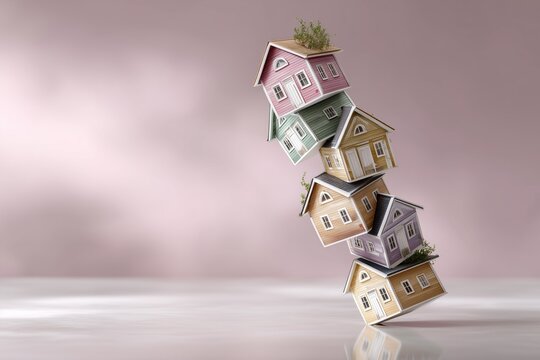 Falling house of cards 3D scene with gentle shadow and clean pastel tone, metaphor for bad management, weak foundation, risk, chaos, corporate collapse, fragile organization, modern stock design.