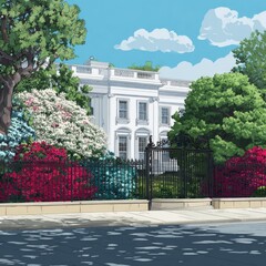 Architectural illustration of a grand white building with lush colorful foliage