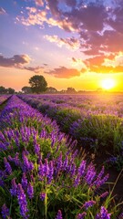 Fototapeta premium Vibrant Lavender Fields Under a Bright Sunset Sky with Clouds