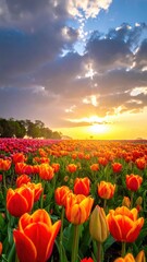 Vibrant Tulip Field Under Golden Sunset Sky with Dramatic Clouds