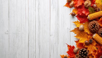 Seasonal fall adornments featuring leaves, acorns, corn, and pine cones framing the right and bottom edges on a white rustic wooden background for Thanksgiving or Halloween.