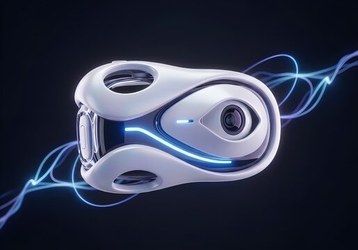 A futuristic white drone with a glowing blue eye, symbolizing advanced surveillance technology and artificial intelligence in a sleek, modern design