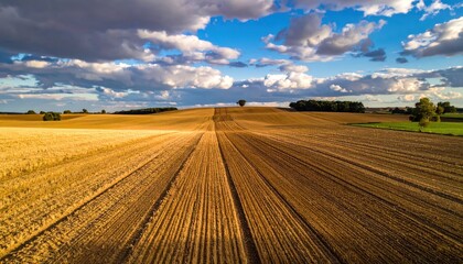 Expansive Agricultural Landscape under a Dramatic Sky at Sunset