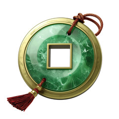 The jade coin, a circular, ornate design featuring a central square hole, is presented with a shimmering green stone inset within a golden frame and a decorative, hanging tassel on a black background.