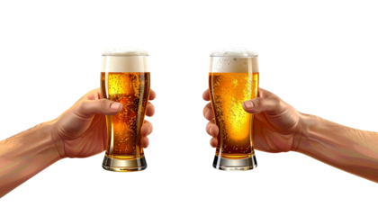 Celebratory Hands Toasting Beer Glasses Isolated on Transparent Background