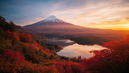 Fototapeta premium At twilight, a serene mountain and lake scene in autumn.