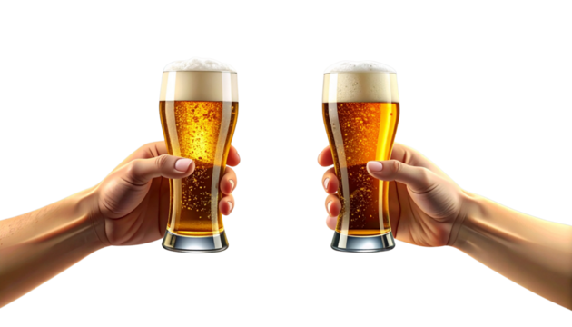 Celebratory Hands Toasting Beer Glasses Isolated on Transparent Background