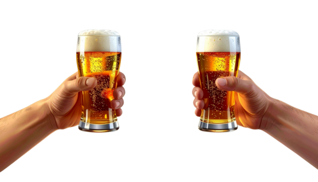 Celebratory Hands Toasting Beer Glasses Isolated on Transparent Background