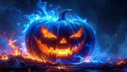 Eerie Halloween Pumpkin Engulfed in Fiery Blue Flames on a Dark Night