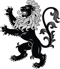 Heraldic lion silhouette, rampant pose, regal animal, vector illustration, black and white, emblem design, editable artwork, isolated symbol
