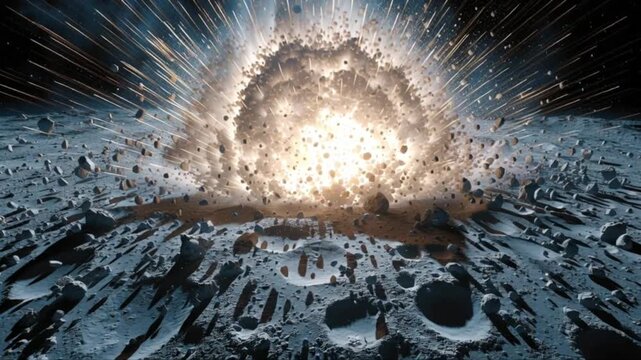 Asteroid impact on the Moon with bright explosion and glowing debris, cosmic scene of celestial collision, perfect for space visuals, astronomy projects, education and creative science illustrations
