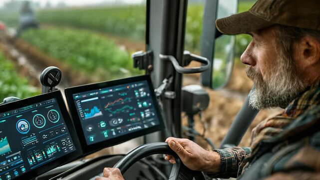 Farmer Using Smart Technology in Tractor Cab for Precision Agriculture and Data Analysis on Farm Field, Modern Farming