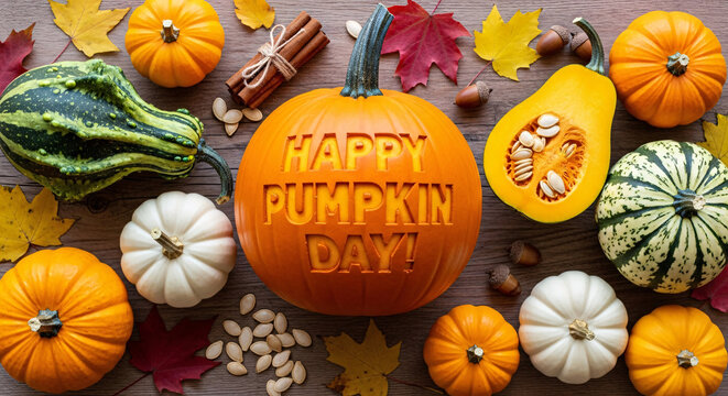 An autumnal flat lay featuring a variety of pumpkins and gourds with one carved to say 'Happy Pumpkin Day!'.